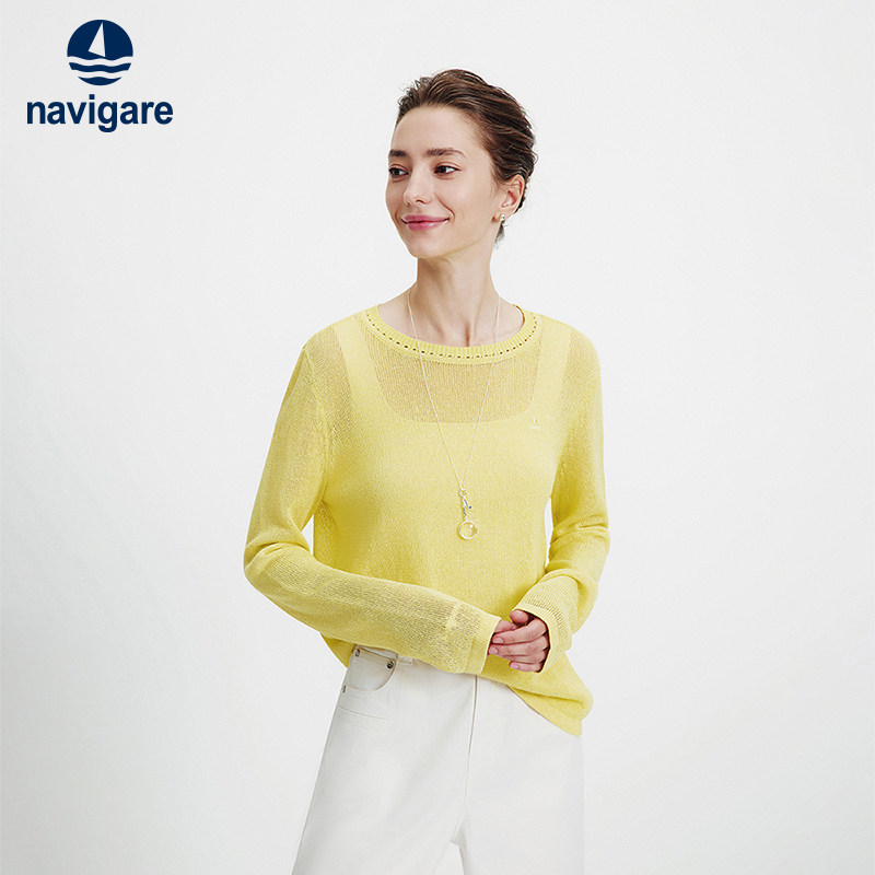Navigare意大利小帆船时尚黄色针织衫女长袖2026春季薄款圆领罩衫
