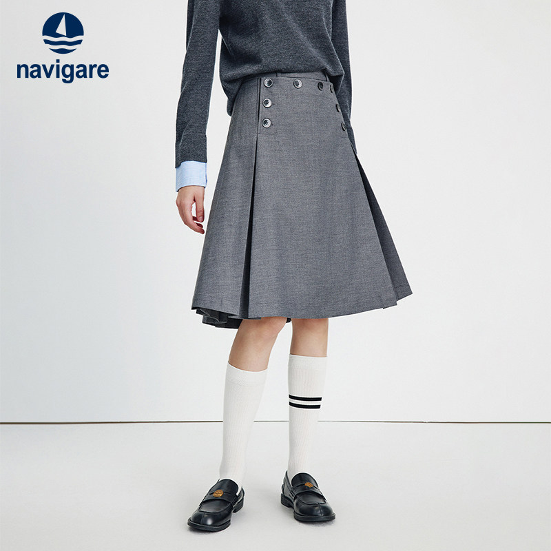 Navigare意大利小帆船休闲A字半裙女百褶裙春季气质半身裙