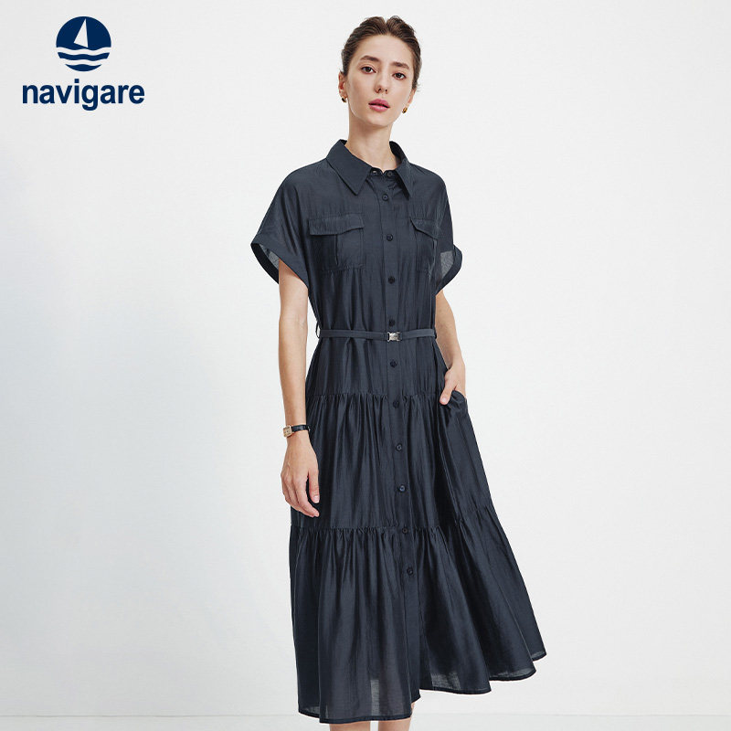 Navigare意大利小帆船收腰连衣裙女士2026春夏莱赛尔衬衫