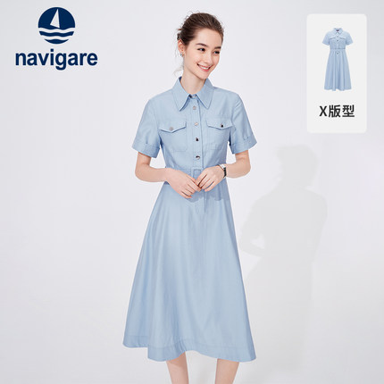 [天丝]Navigare意大利小帆船蓝色衬衫连衣裙女夏季短袖显瘦长裙