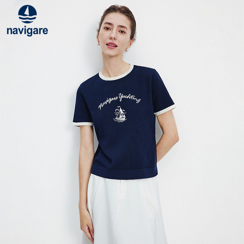 Navigare意大利小帆船撞色圆领短袖T恤女2026夏季套头上