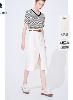 Navigare意大利小帆船白色休闲牛仔半身裙女士高腰显瘦a字裙子