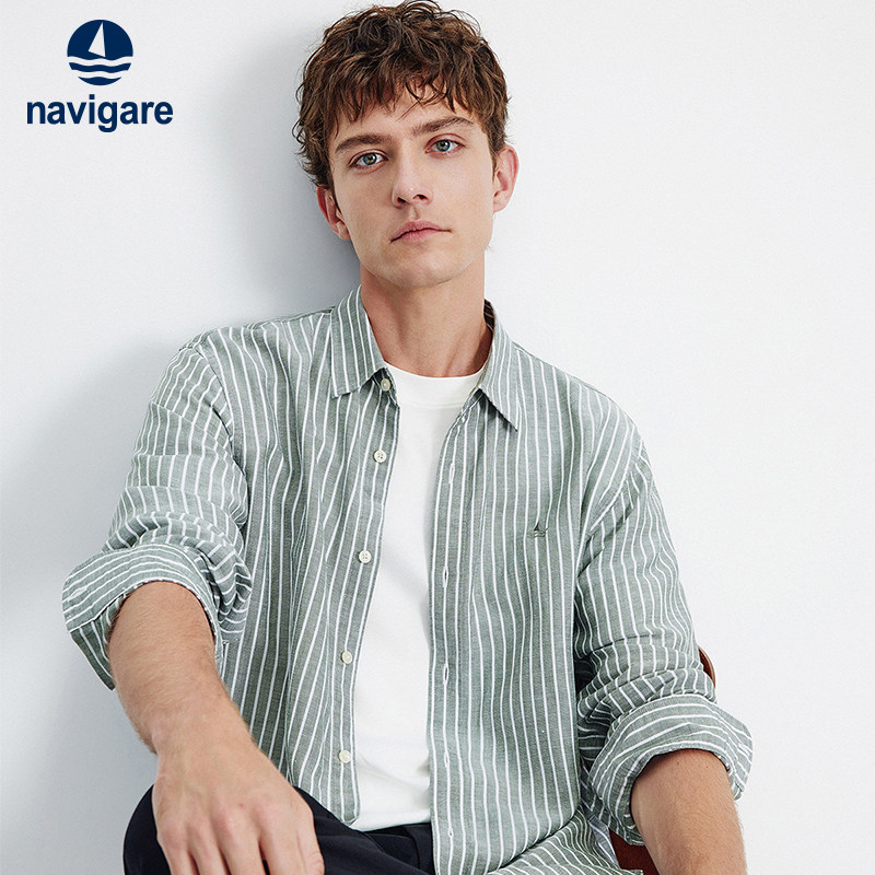 Navigare意大利小帆船通勤亚麻衬衫男2026春季宽松条纹长