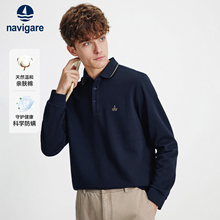 Navigare意大利小帆船黑色长袖POLO衫男士春秋新款休闲翻领T恤衫