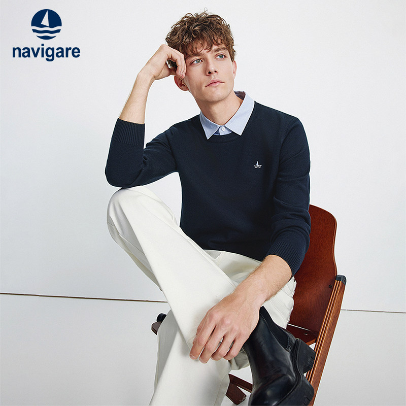 Navigare意大利小帆船高弹叠穿假两件毛衣男春秋季新品通勤针