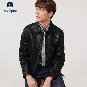 [绵羊皮]Navigare小帆船黑色休闲真皮皮衣男新款翻领皮夹克外套