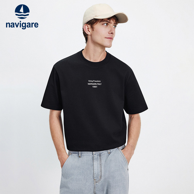 Navigare意大利小帆船黑色阔版短袖T恤男2026春夏防晒圆