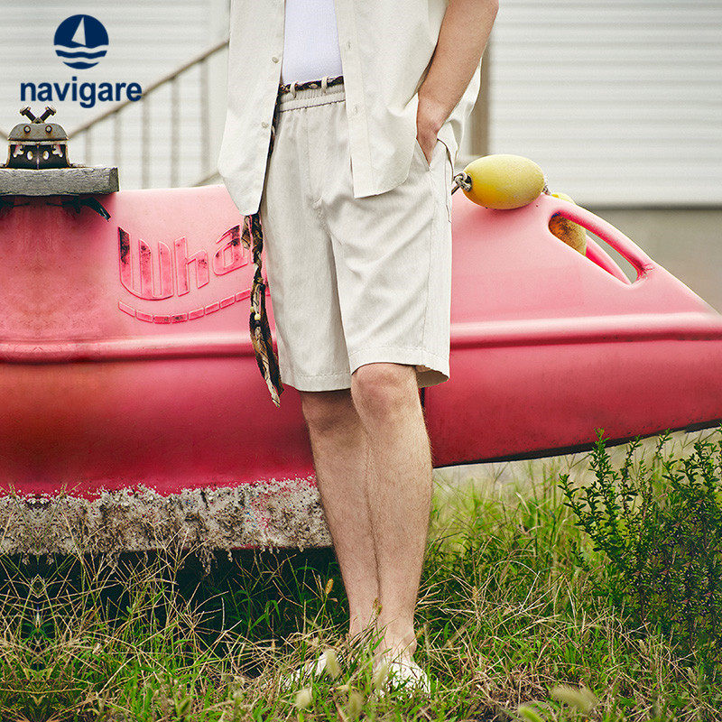 Navigare意大利小帆船卡其色宽松休闲中裤男2026夏季亚麻