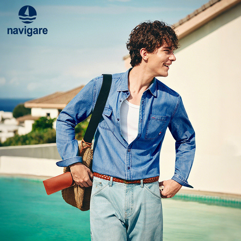 [纯棉]Navigare意大利小帆船蓝色牛仔衬衫男长袖春季休闲衬衣外套