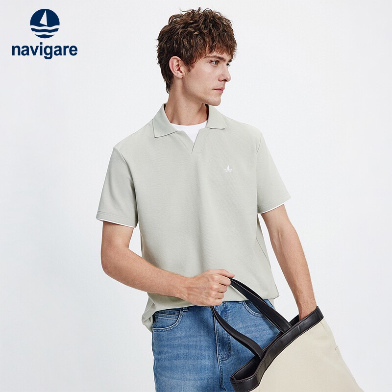 Navigare小帆船绿色假两件POLO衫男短袖夏季翻领半袖t恤休闲上衣