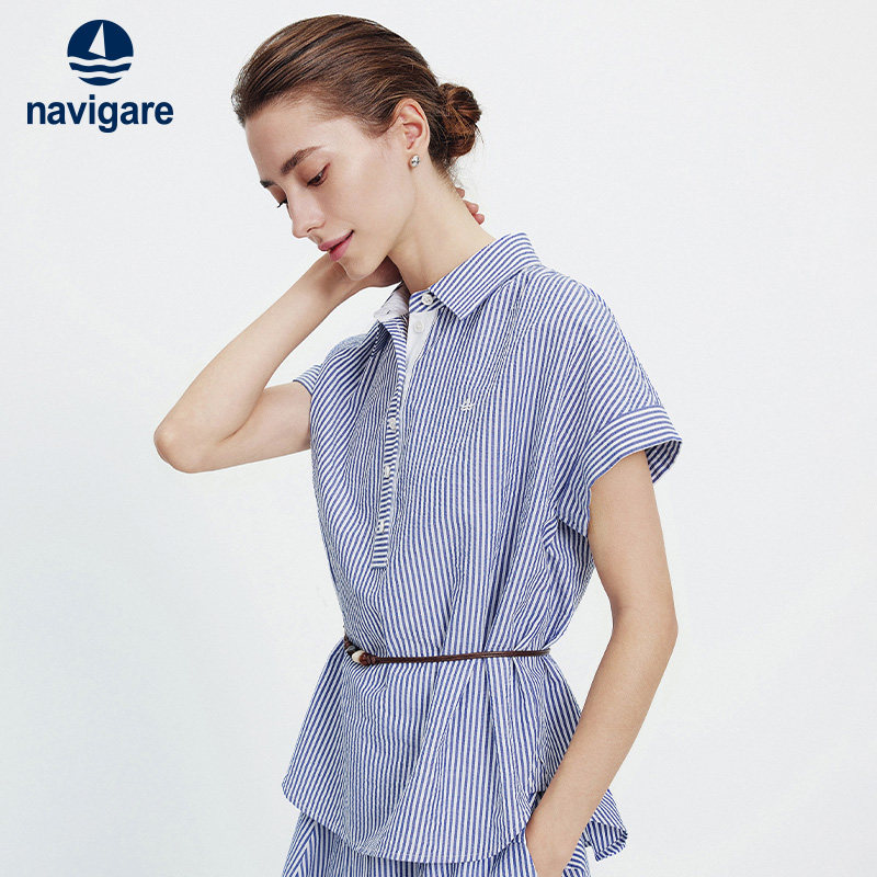 Navigare意大利小帆船条纹短袖衬衫女2026夏季新款宽松休