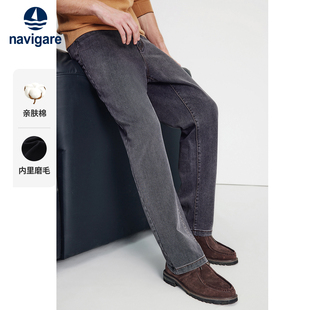 弹力磨毛直筒裤 新款 男25秋季 Navigare意大利小帆船灰色复古牛仔裤
