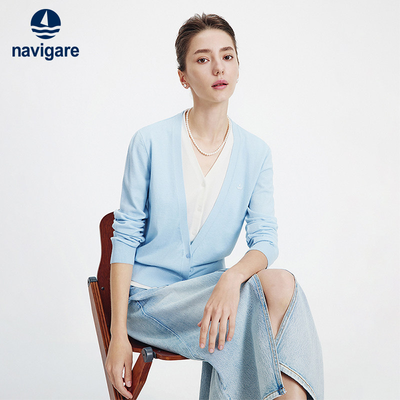 Navigare意大利小帆船蓝色宽松针织衫女士2026春季V领假