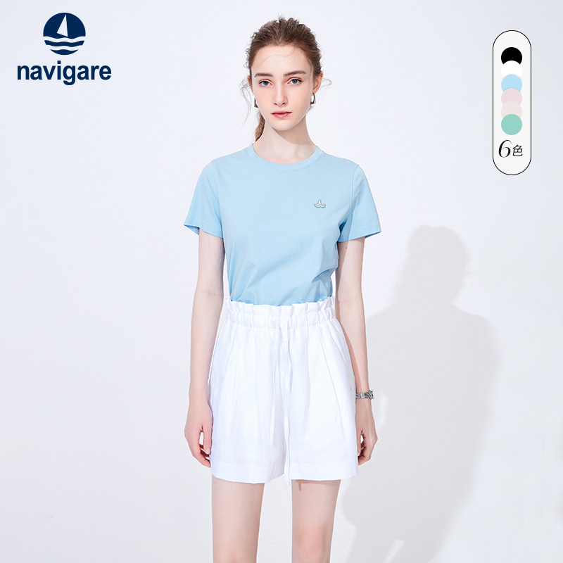 【520礼物】Navigare小帆船圆领短袖t恤女夏季短款蓝色休
