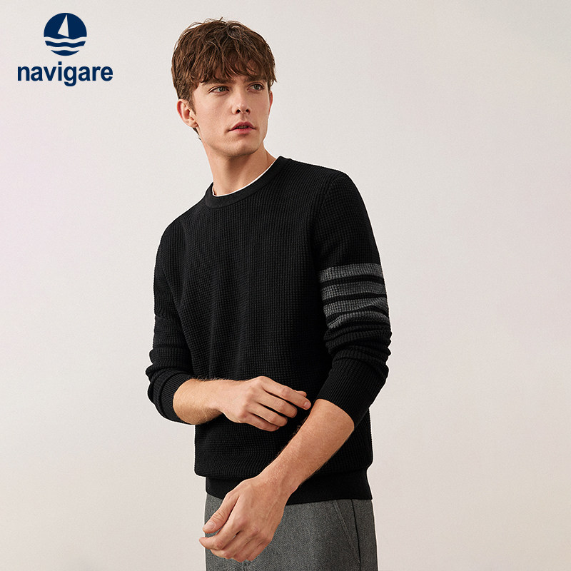 Navigare意大利小帆船黑色休闲圆领毛衣男秋冬新款羊毛长袖针