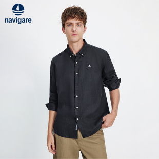 男2026春季 衬衫 Navigare意大利小帆船黑色长袖 宽松衬衣 100%亚麻