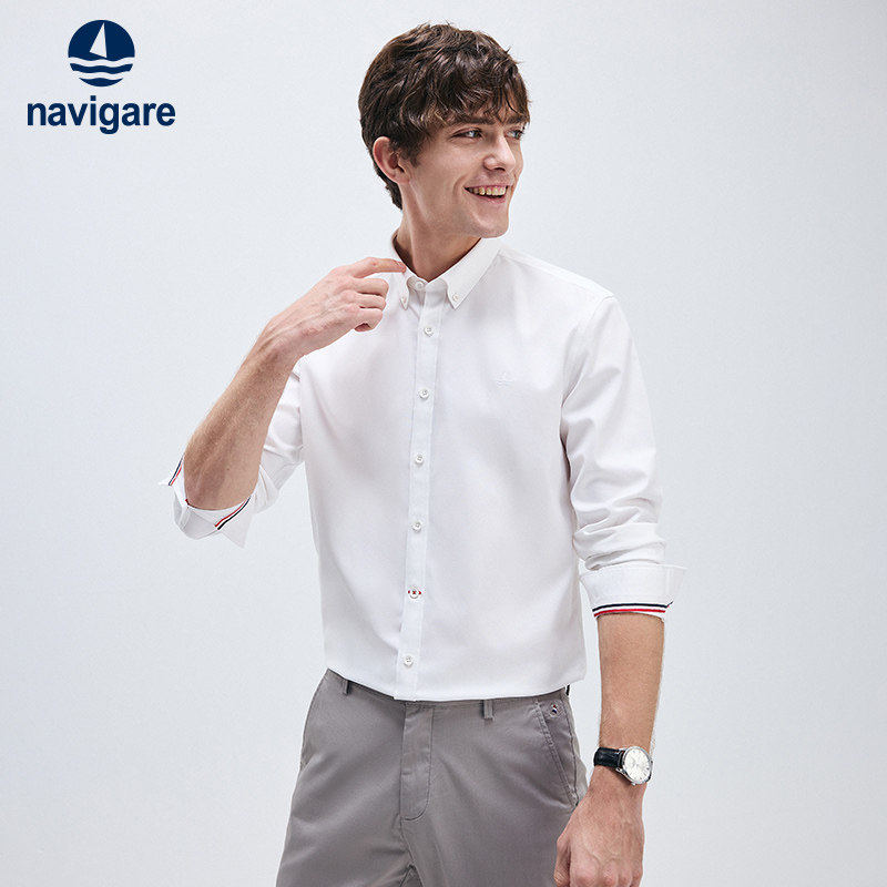 【免烫易打理】Navigare小帆船白色长袖衬衫男春季新款领尖扣