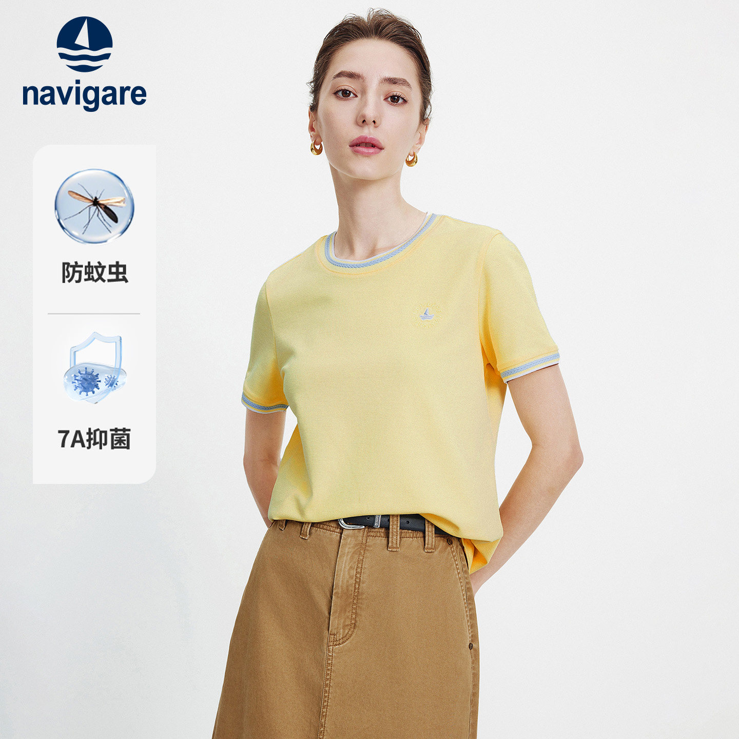[防蚊]Navigare小帆船黄色短袖T恤女士2026夏季圆领体