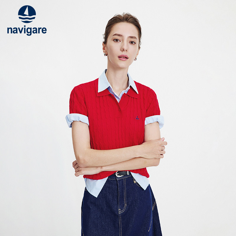 Navigare意大利小帆船红色绞花针织衫女2026春夏修身短袖POLO衫