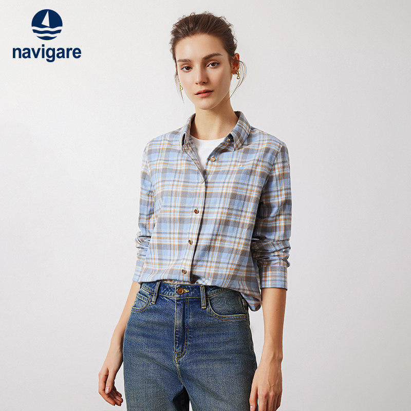[纯棉]Navigare意大利小帆船新款休闲磨毛衬衫女长袖宽松格