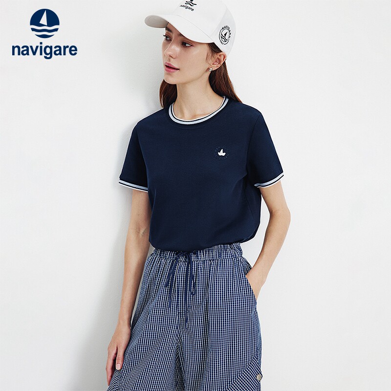 Navigare意大利小帆船圆领提花T恤女短袖2026夏季新款休闲套头衫