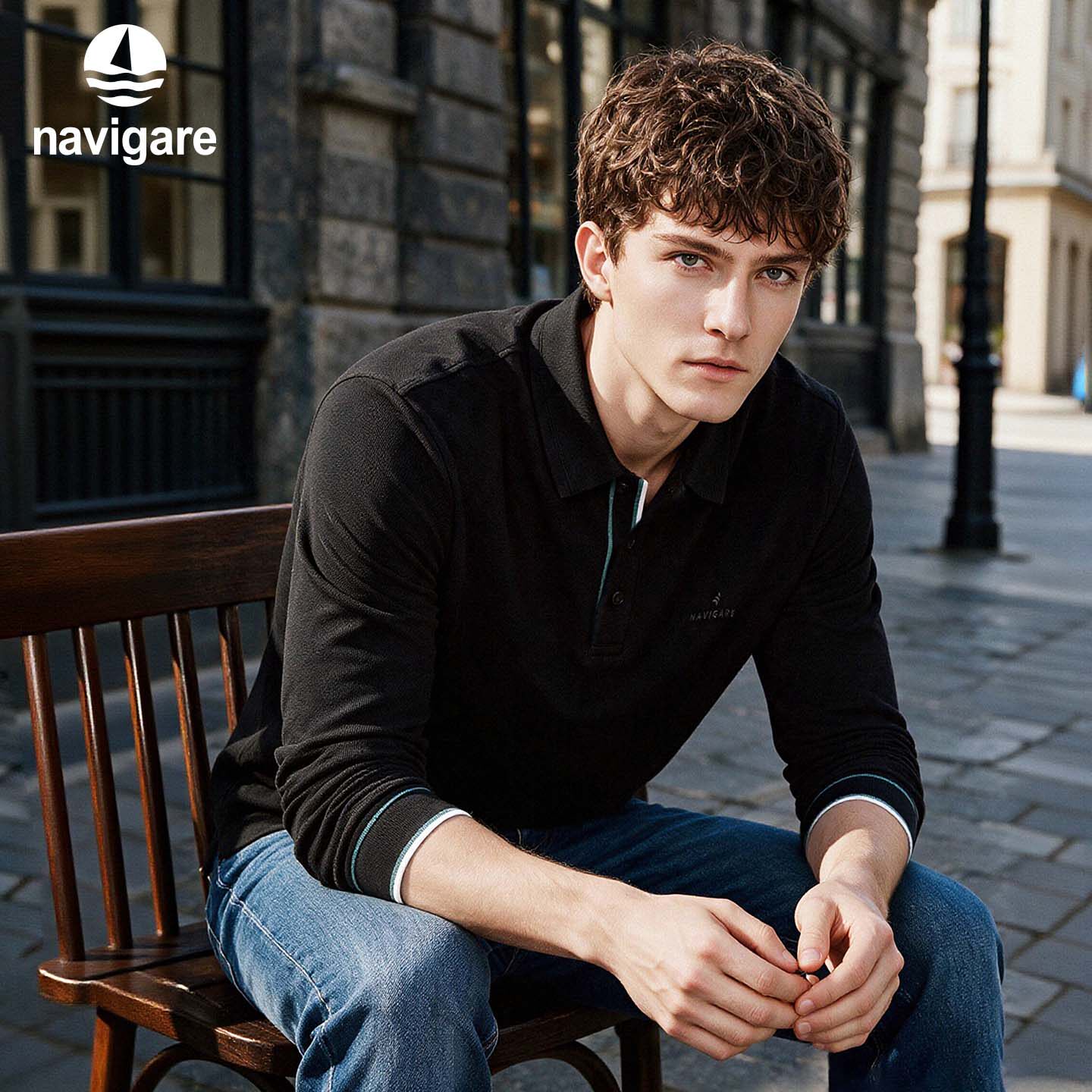 [华夫格]Navigare小帆船黑色长袖polo衫男士秋季通勤纯棉翻领T恤