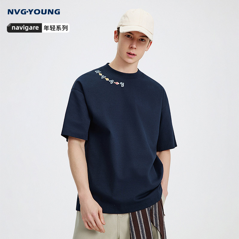 [抗菌]Navigare小帆船圆领短袖T恤男2026夏季宽松休闲半袖体恤衫