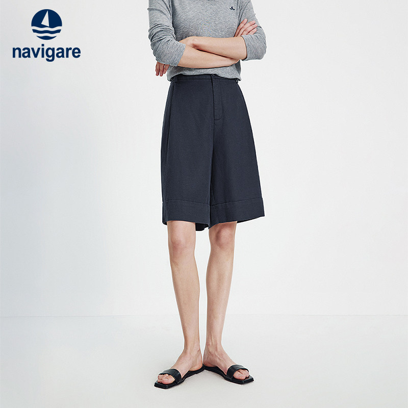Navigare意大利小帆船亚麻休闲中裤女2026春夏新款高腰百