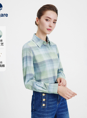 [纯棉]Navigare意大利小帆船长袖衬衫女秋季绿色磨毛休闲格子衬衣