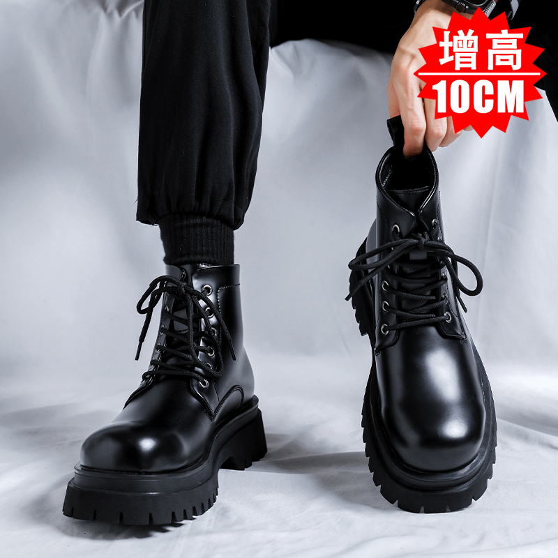 马丁靴男款潮隐形内增高男鞋10cm高帮真皮工装靴男士黑色皮靴8cm