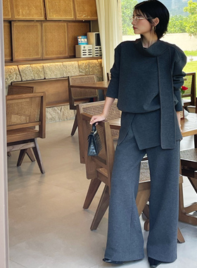 欧洲站2025早秋女v+.com欧货时尚围巾毛衣+阔腿裤羊毛三件套65663