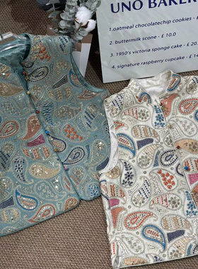 欧洲站2025早秋女v+.com欧货立领重工亮片刺绣民族风马甲潮65610