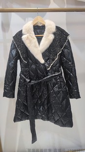 欧洲站2024冬时尚水貂毛西装领重工亮片披肩 系腰带中长款羽绒服