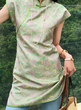 欧洲站2025夏v+.com时尚立领盘扣提花国风短袖连衣裙旗袍潮29080