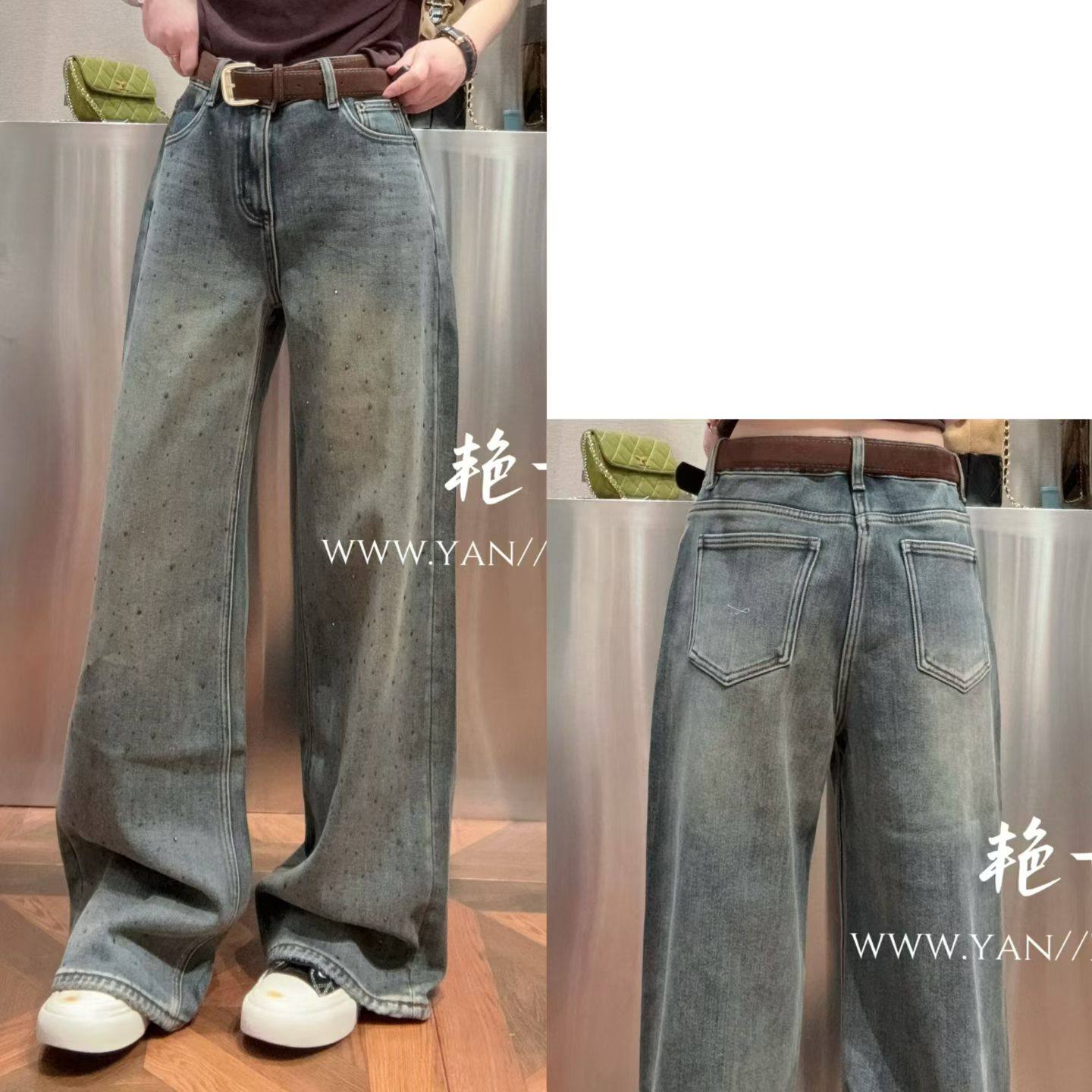 做旧满天星烫钻加厚微喇阔腿裤女