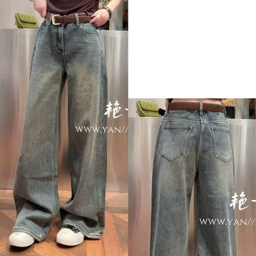 做旧满天星烫钻加厚微喇阔腿裤女