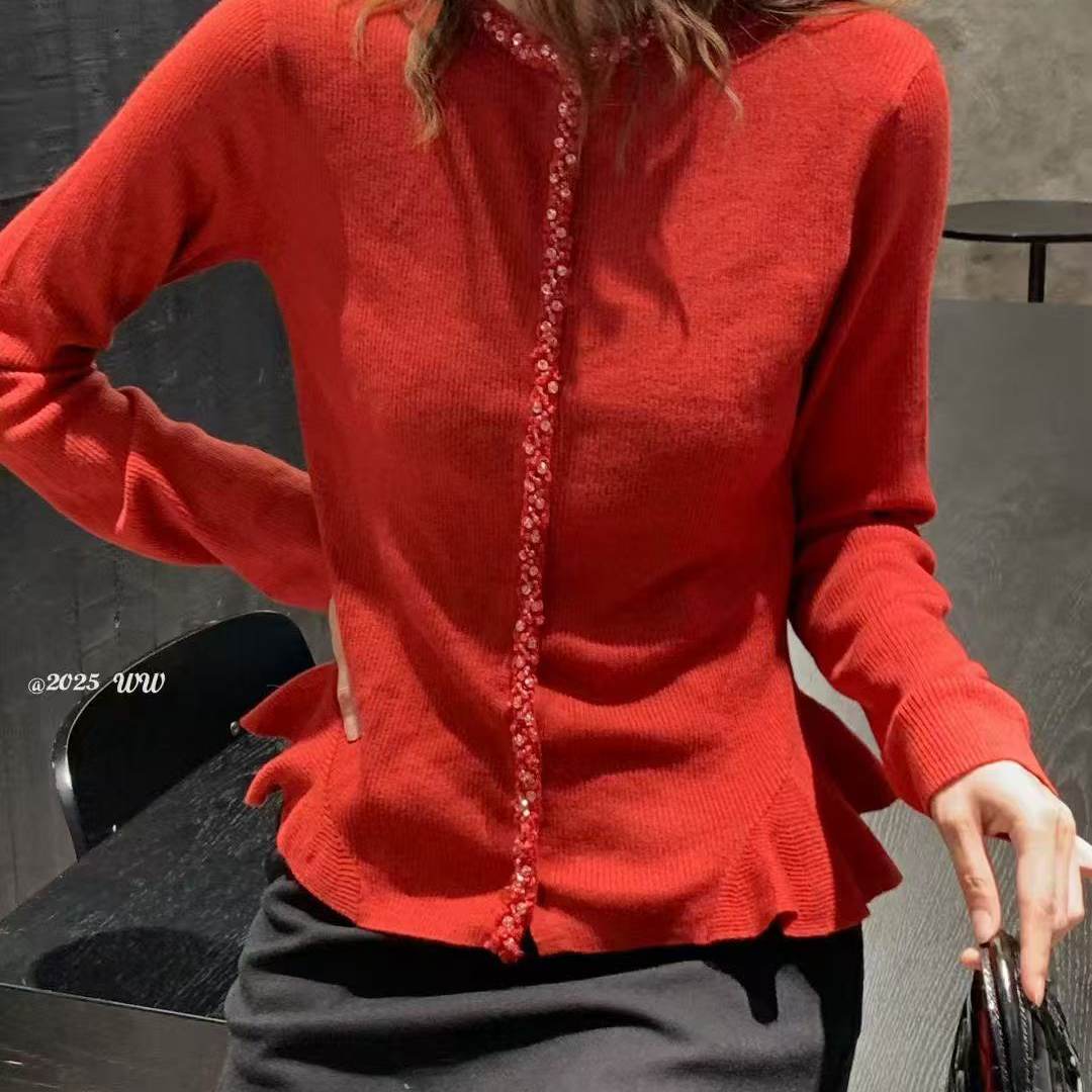 欧洲站2025冬季女v+荷叶边针织衫