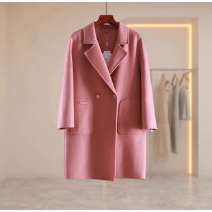 HS199樱花粉双面呢羊毛大衣女2025秋冬外套中长款双面呢大衣