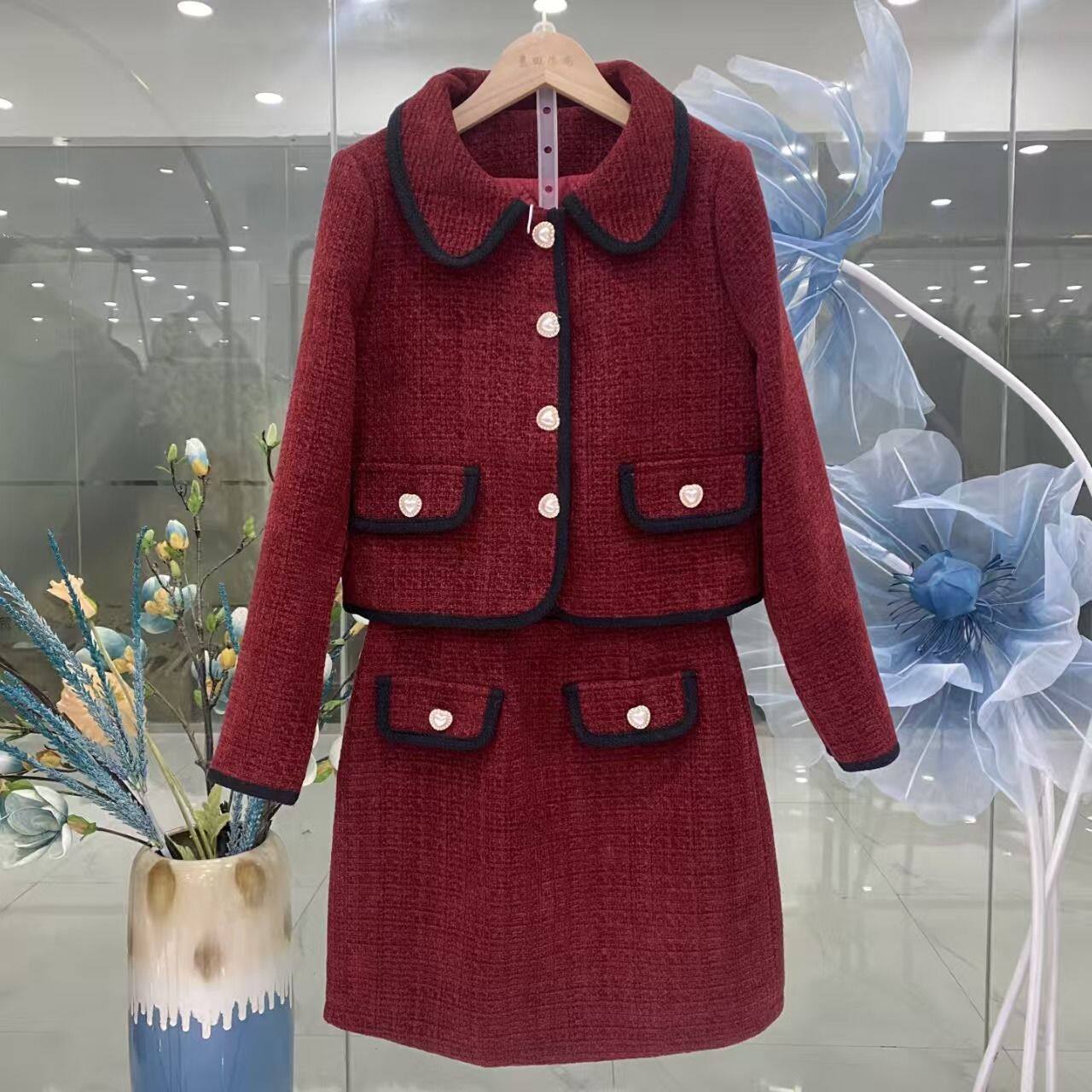 HT803套装女两件2026新款时尚长袖园领春秋优雅裙显瘦外套+裤子