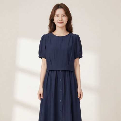 HT656-2026夏季新款藏青色显瘦连衣裙女宽松遮肉时尚洋气裙套装