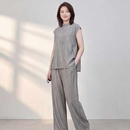 HT1098-2026夏季新款灰色上衣阔腿裤套装女宽松显瘦休闲两件套