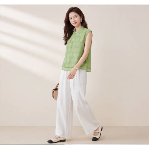 HT977-2026夏季新中式国风马甲套装女显瘦上衣搭配阔腿裤两件套