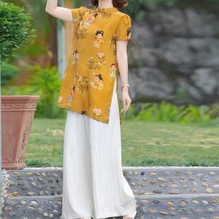 HT971套装女两件套夏新款女小衫+阔腿裤改良旗袍2026新中式妈妈装