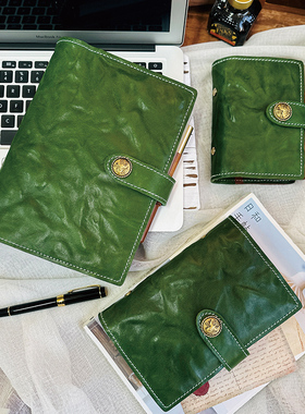 头层牛皮活页手账本绿色褶皱牛皮记事本笔记本日记本礼物包装