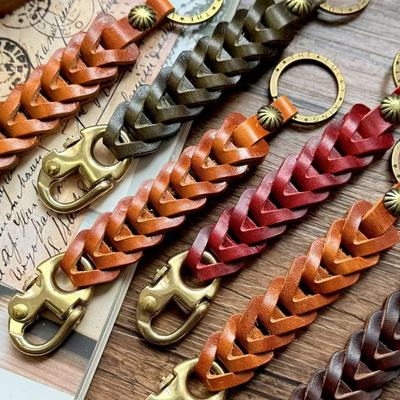 MOZE 复古头层牛皮手工编织龙骨钥匙扣实心黄铜水手扣牛皮钥匙链