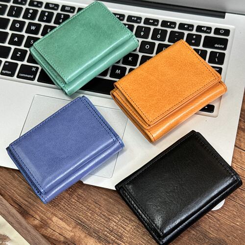 MOZE 新款头层牛皮复古短款钱包糖果色简约款真皮三折叠小零钱包