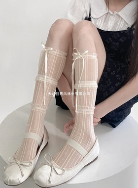 丝带蝴蝶结袜子夏季薄款花边白色袜女芭蕾风袜
