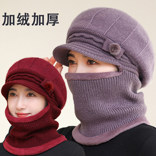 中老年人妈妈毛线帽子女连体帽遮脸护耳围脖一体骑车保暖风雪帽冬