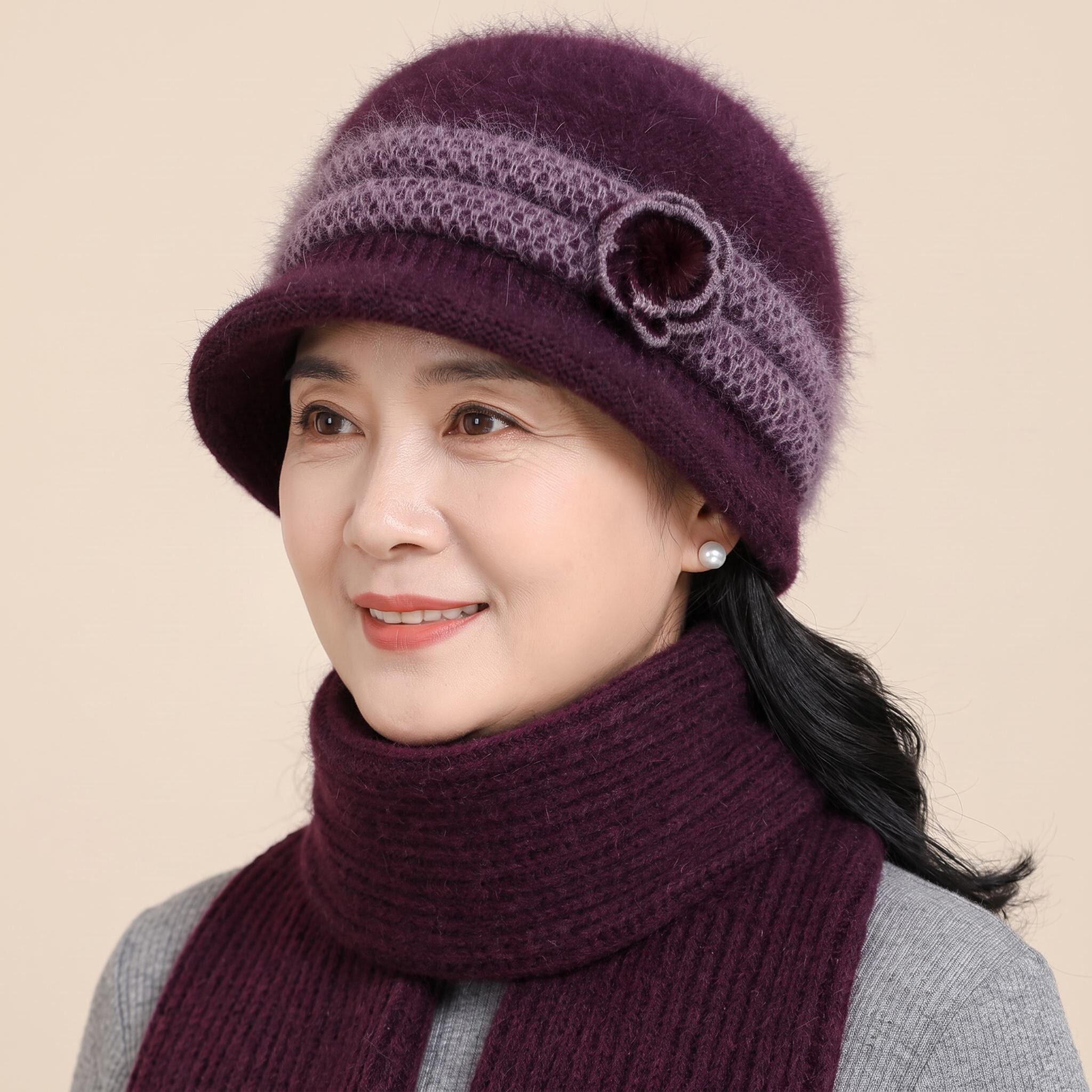 秋冬天女士针织帽中老年妈妈奶奶优雅防寒加绒帽子老人保暖毛线帽