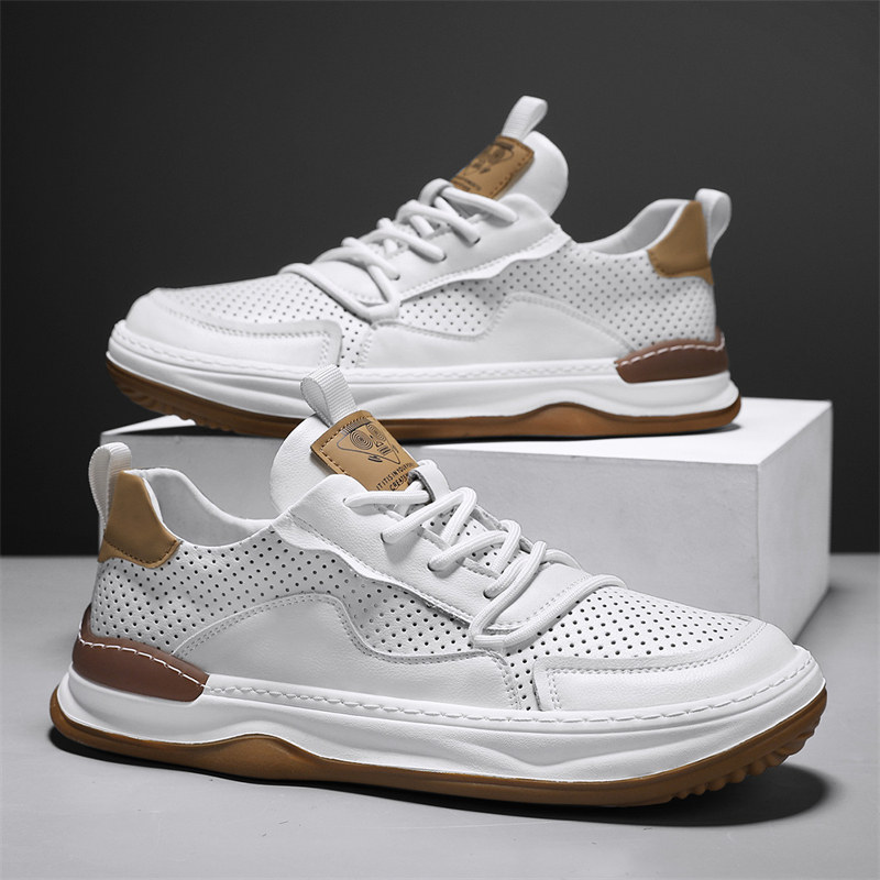 男士夏季薄款透气休闲皮鞋高级感镂空皮面板鞋商务防滑时尚运动鞋